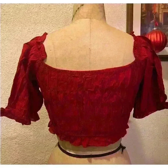 Dark Red Square Neck Ruffled Lantern Sleeve Cropped Top NWT Size L - Picture 7 of 10